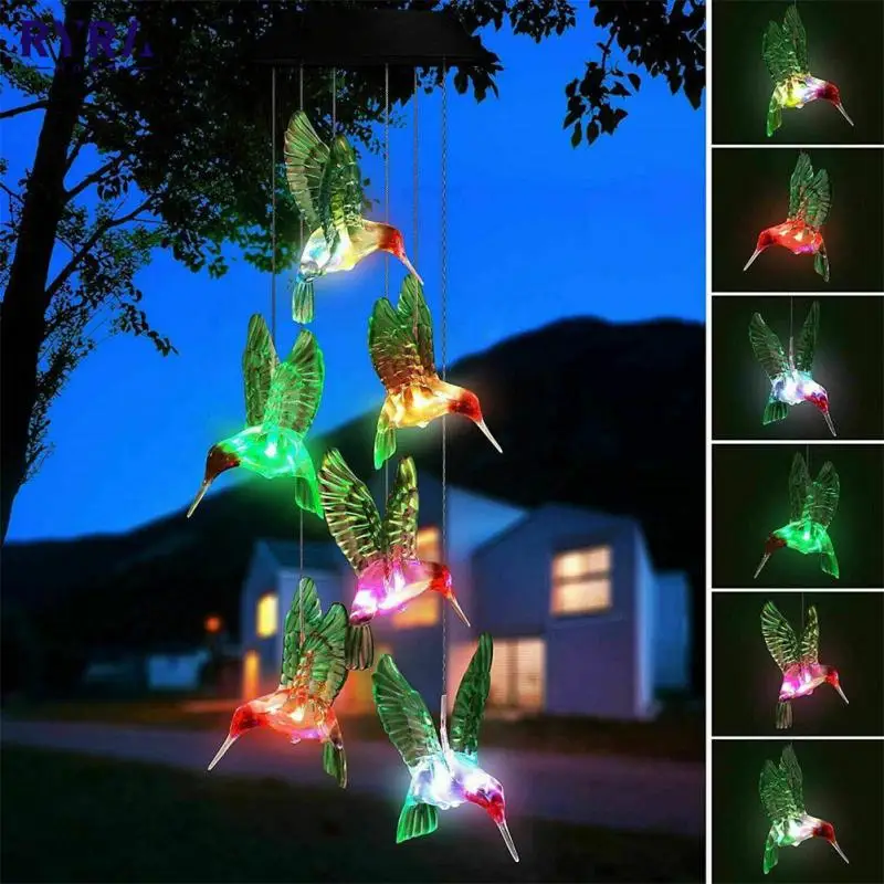 

Handmade Solar Windbell Hummingbird Wind Chime Lamp Hanging Garden Ornament Waterproof Outdoor Use For Courtyard Decoration