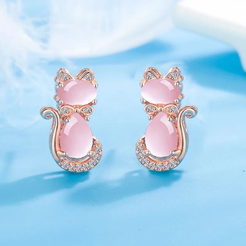 

Natural Pink Chalcedony Hand-carved Cat Earrings Fashion Boutique Jewelry Men and Women Pink Agate Earrings Gift Accessories