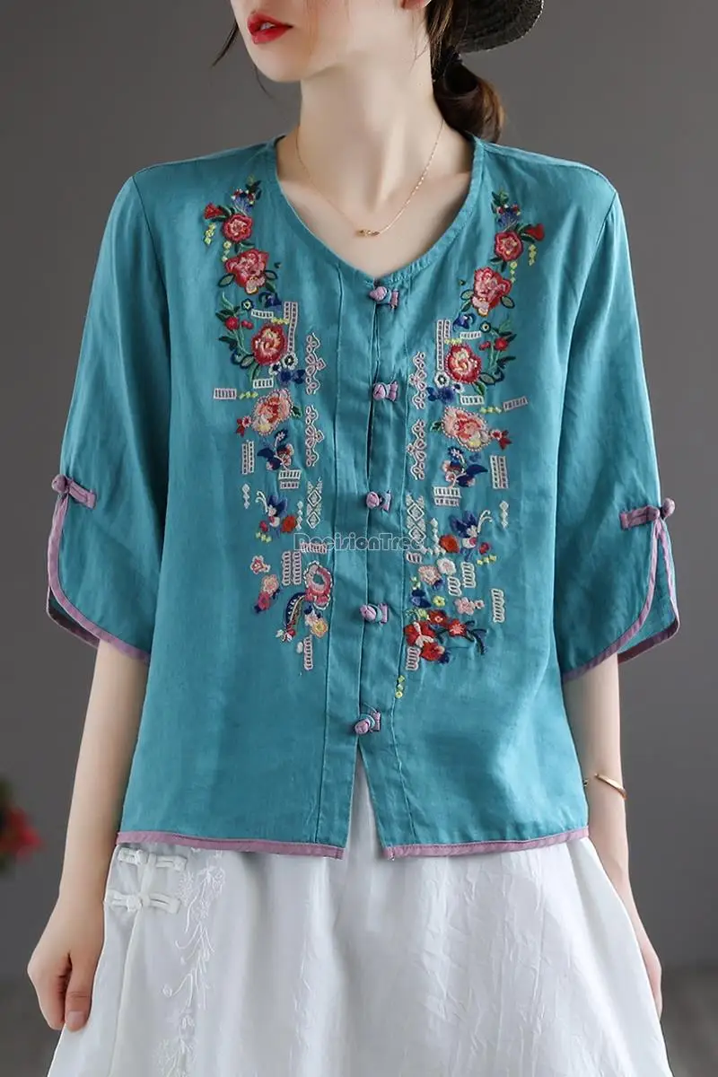2022 summer autumn chinese style top women casual daily blouse cotton and linen heavy embroidery top vintage cardigan shirt images - 6