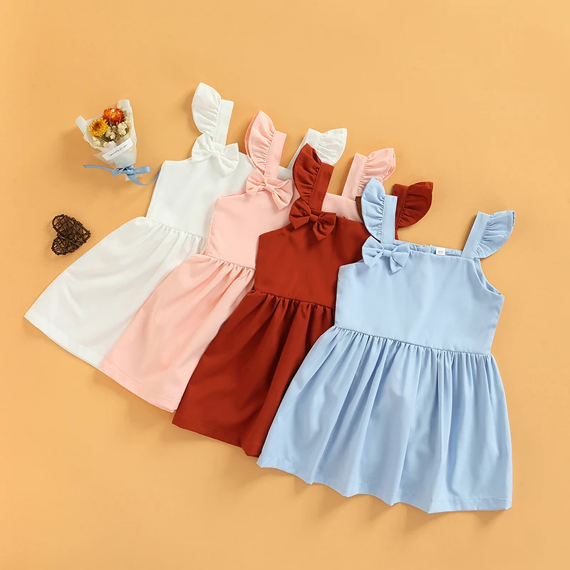 

Летнее Детское платье для девочек, детские платья для девочек с рукавами-фонариками и бантом