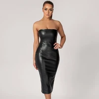 pu leather sexy dress for strapless high waist long dress women clubwear elegant slim tube top back slit sexy midi dress
