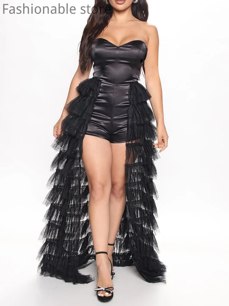 

Women Sexy Solid Color Satin Backless Ruffles Decor Sheer Mesh Bandeau Playsuit