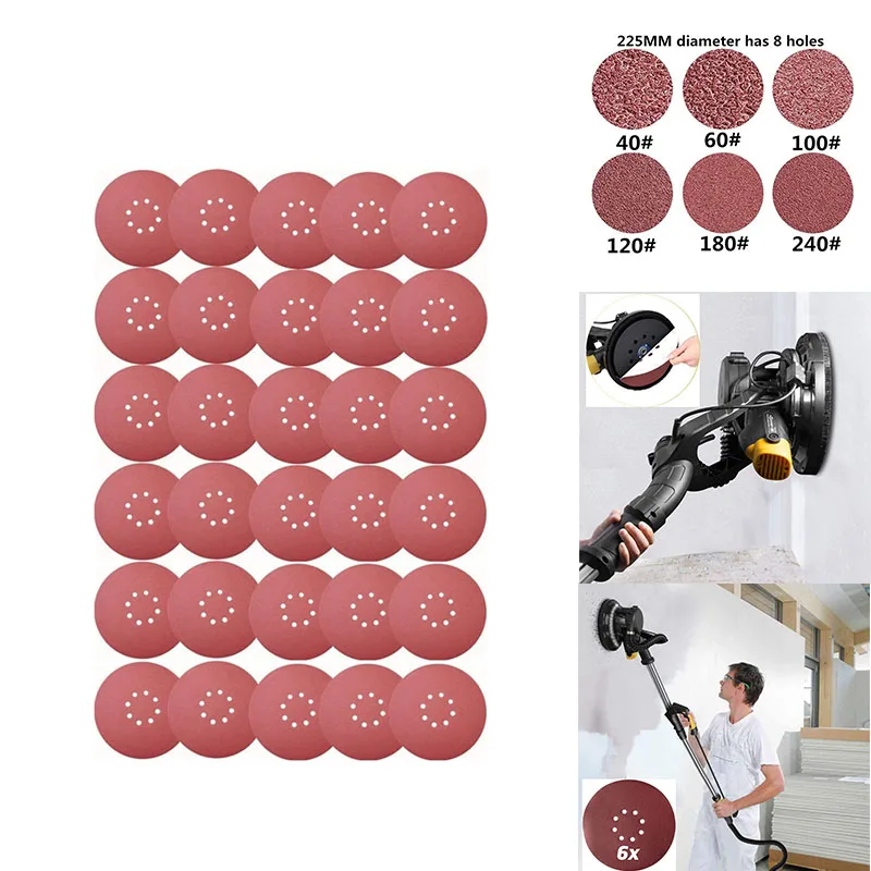 

Hook and Loop Discs Punched, Grinding Wheels Diameter 225mm 8 Holes Sandpaper Grit P40/60/100/120/180/240