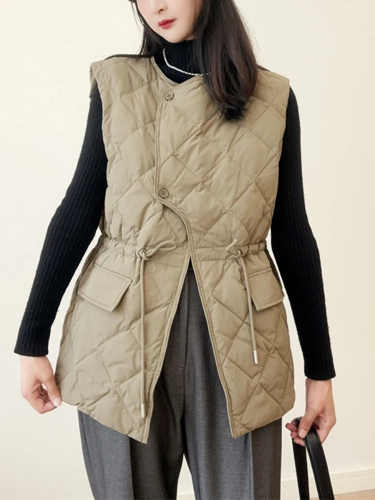 

Fitaylor, осенне-зимний женский Асимметричный жилет на пуговицах, повседневный свободный однотонный жилет без рукавов, куртка, белый пуховик на утином пуху