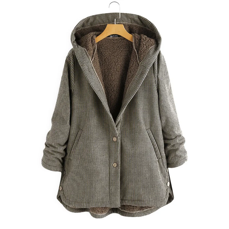 

FAKUNTN Coat Autumn And Winter New Women's Plaid Loose Plus Velvet Buttons High Street Hooded Jacket Manteau Femme