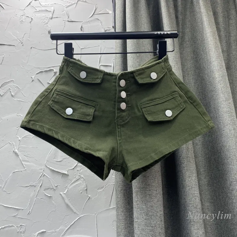 

Army Green Sexy Single-Breasted Hot Pants for Women Denim Shorts Super Short Disco Nightclub Hot Pants Seaside Holiday 2023