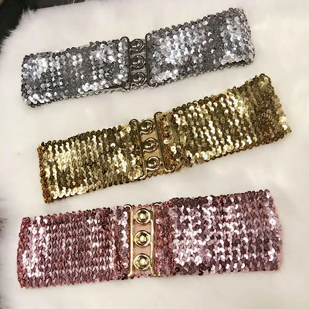 

Women Cummerbund Sequins Shiny Wide Good Elasticity Exquisite Buckle Rectangle Bright Color Dress Belt Fashion Accessory