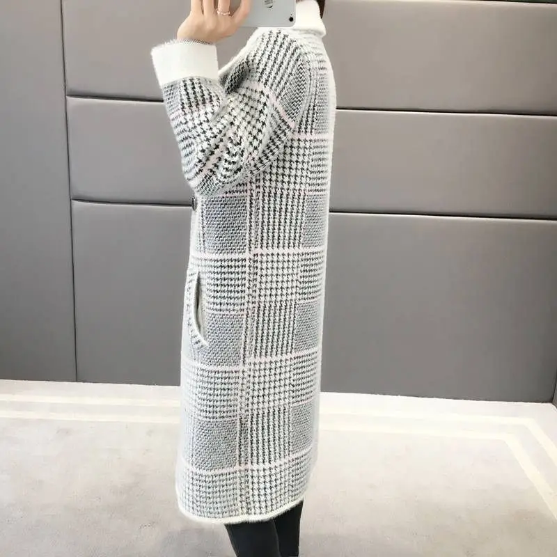 Imitation Mink Cashmere Coat Mid Long Faux Mink Velvet Jacket 2023 Winter Fall Loose Slim Thick Plaid Coat Soft Faux Fur Jackets