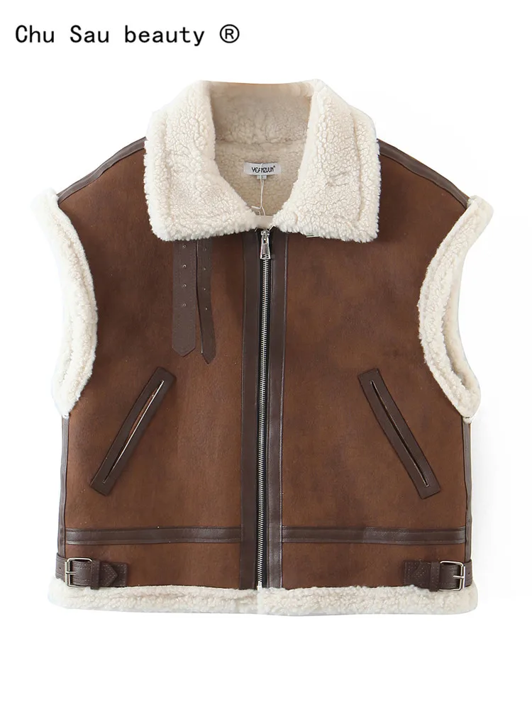 

Autumn Winter Heavy Industry Suede Vest Woman 2022 New Fashion Vintage Casual Stickers Decorative Lamb Wool Motorcycle Jacket Fe