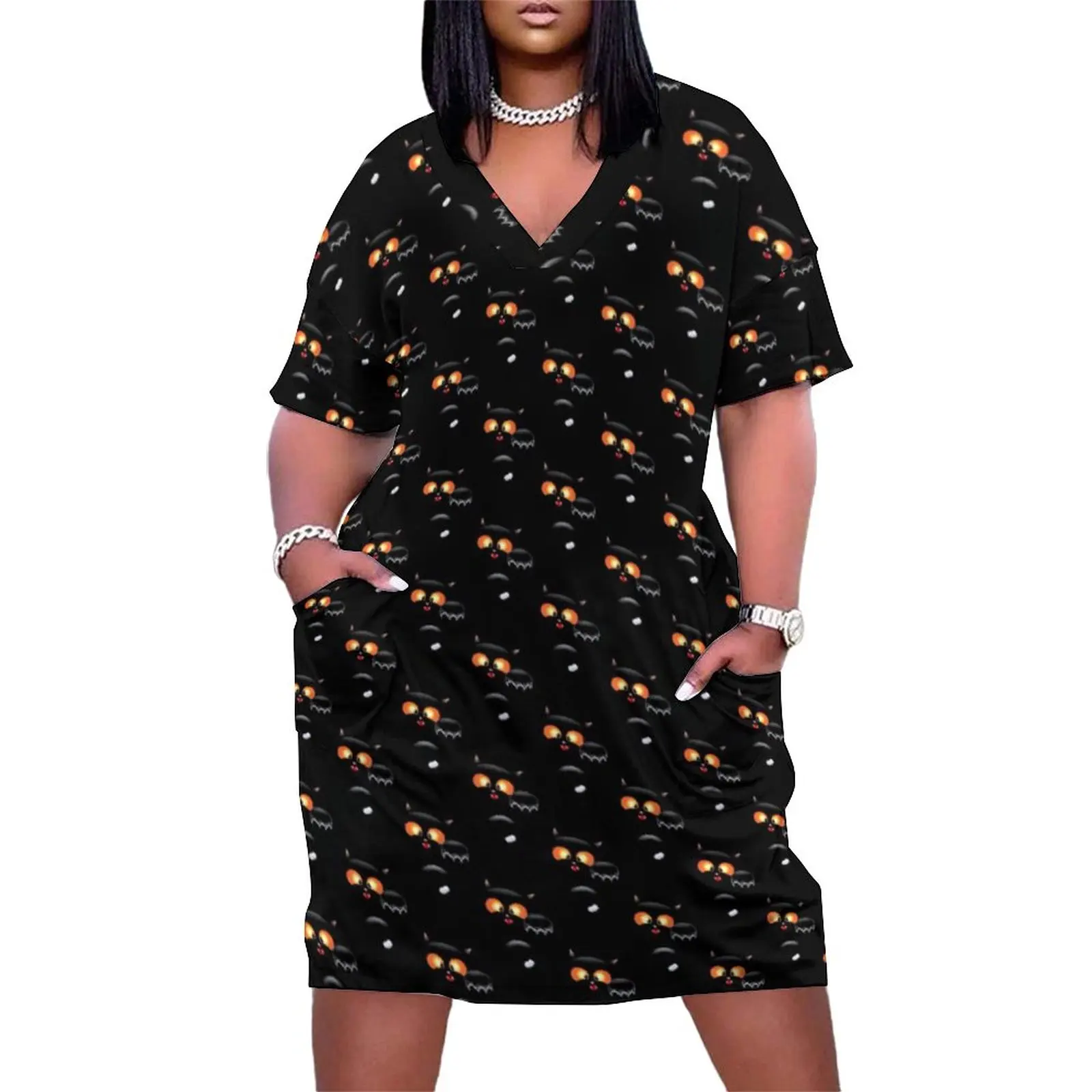 

Spooky Black Cat Dress Plus Size Happy Halloween Street Style Casual Dress Ladies Summer V Neck Kawaii Dresses Gift Idea