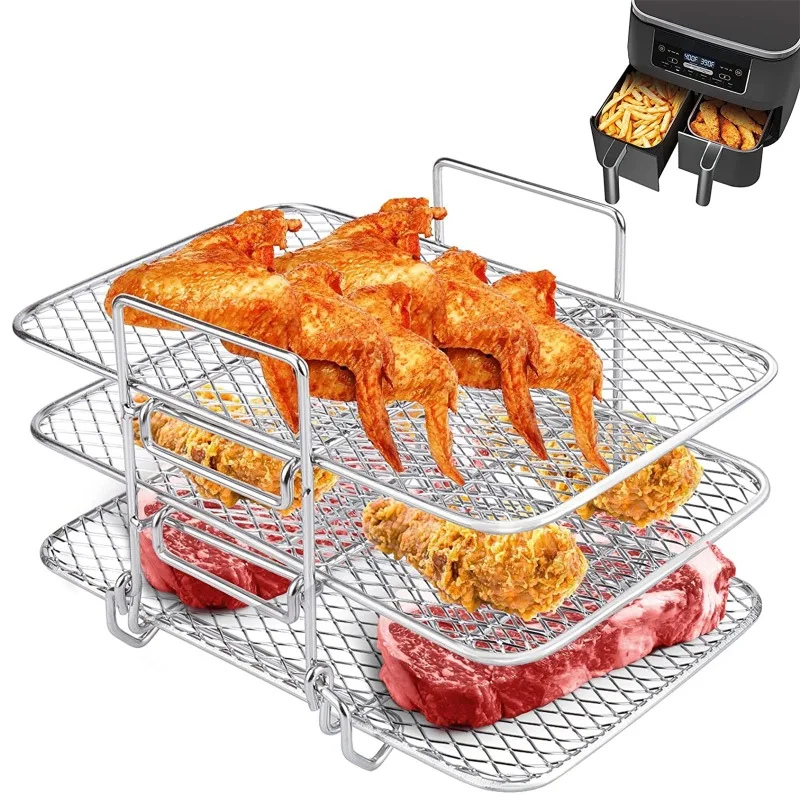 

3-layers Air Fryer Rack Stackable Grid Grilling Rack Stainless Steel Anti-corrosion for Home Kitchen Oven Steamer Cooker Gadgets