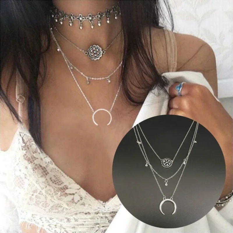 

Creative European and American Fashion Moon Necklace Multi-layer Necklace Chain