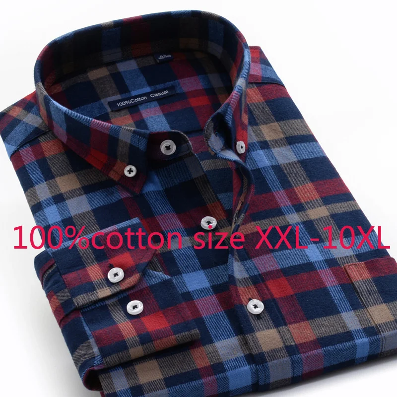 

New Autumn Fashion Style Thickened 100%pure Cotton Men Dress Shirts Plaid Men Long Sleeve Plus Size 2XL3XL4XL5XL6XL7XL8XL9XL10XL