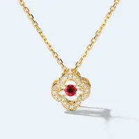 Elegant Flower 18K Pure Real Yellow Gold 0.16ct Ruby Diamond Pendant Necklace for Women Girl Fine AU750 Genuine Gemstone Jewelry
