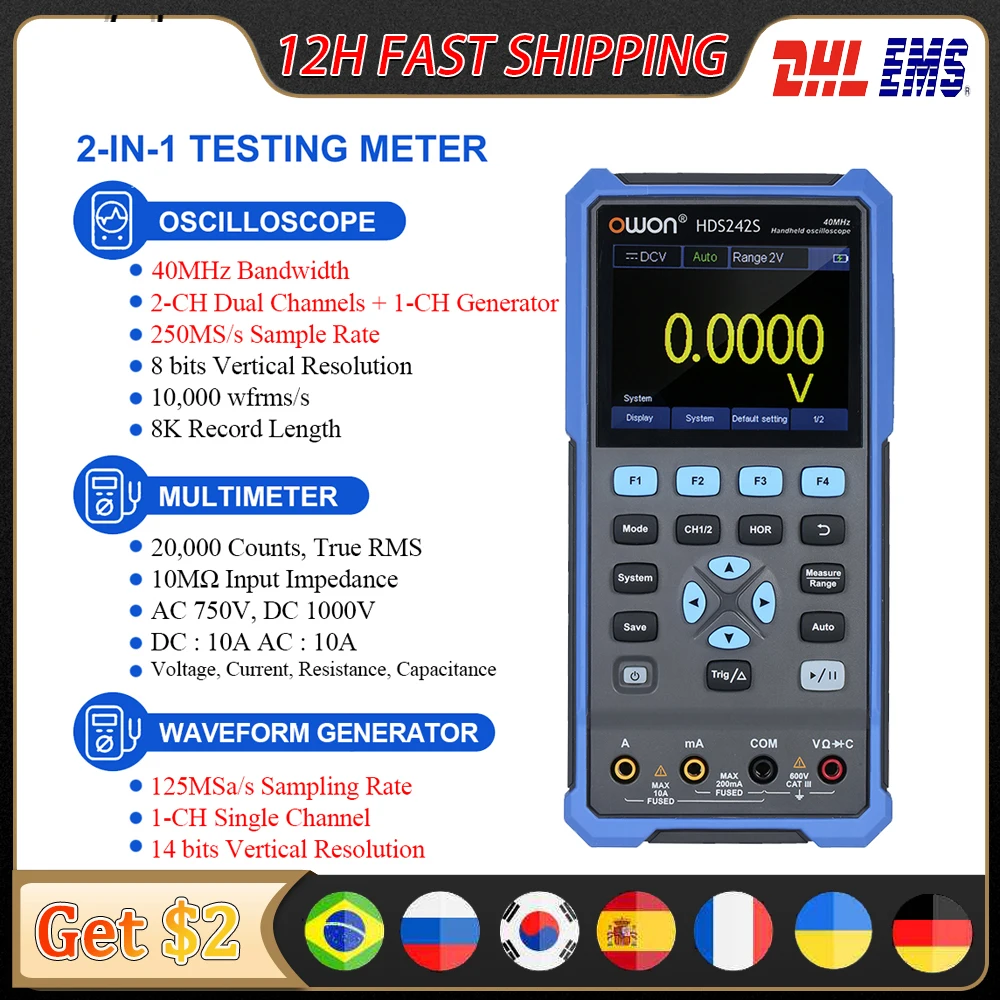 

OWON HDS242S Handheld Digital Oscilloscope 250MS/s 8 Bits 40MHz Bandwidth 2CH + 1CH Generator True-RMS Multimeter Osciloscopio