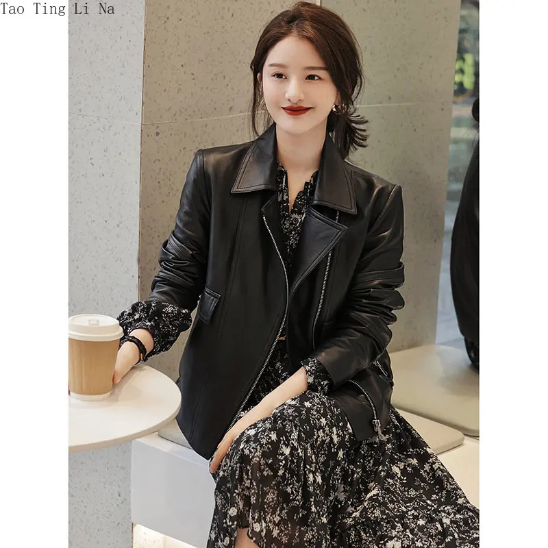 2023 Women New Spring Casual Genuine Sheep Leather Jacket Loose Real Sheepskin Leather Motorcycle Jacket W22