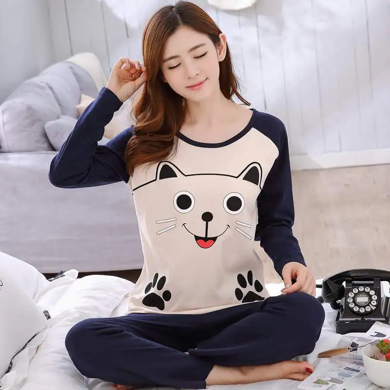 

Autumn Thin 2pieces Pyjamas Set Women 2022 Cotton Round Neck Girls Bear Pajamas Sets Teacup Cat Full Sleepwear Clothess Tops