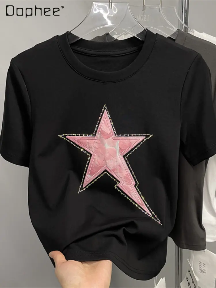 

Five-Pointed Star Embroidered Slim Short Hot Girl Short-Sleeved T-shirt 2023 Summer New round Neck Black Pullover Top for Women