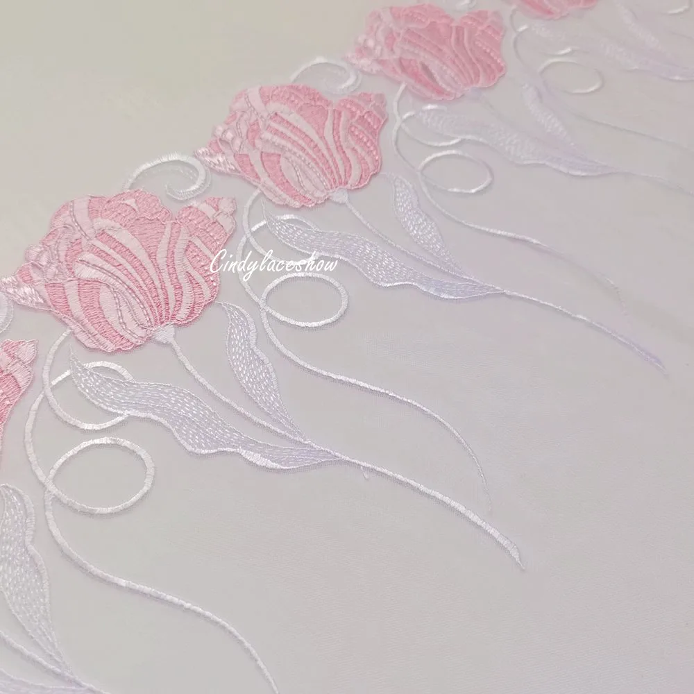 1 метр Ширина 24 см розовая большая Цветочная вышитая кружевная отделка белая