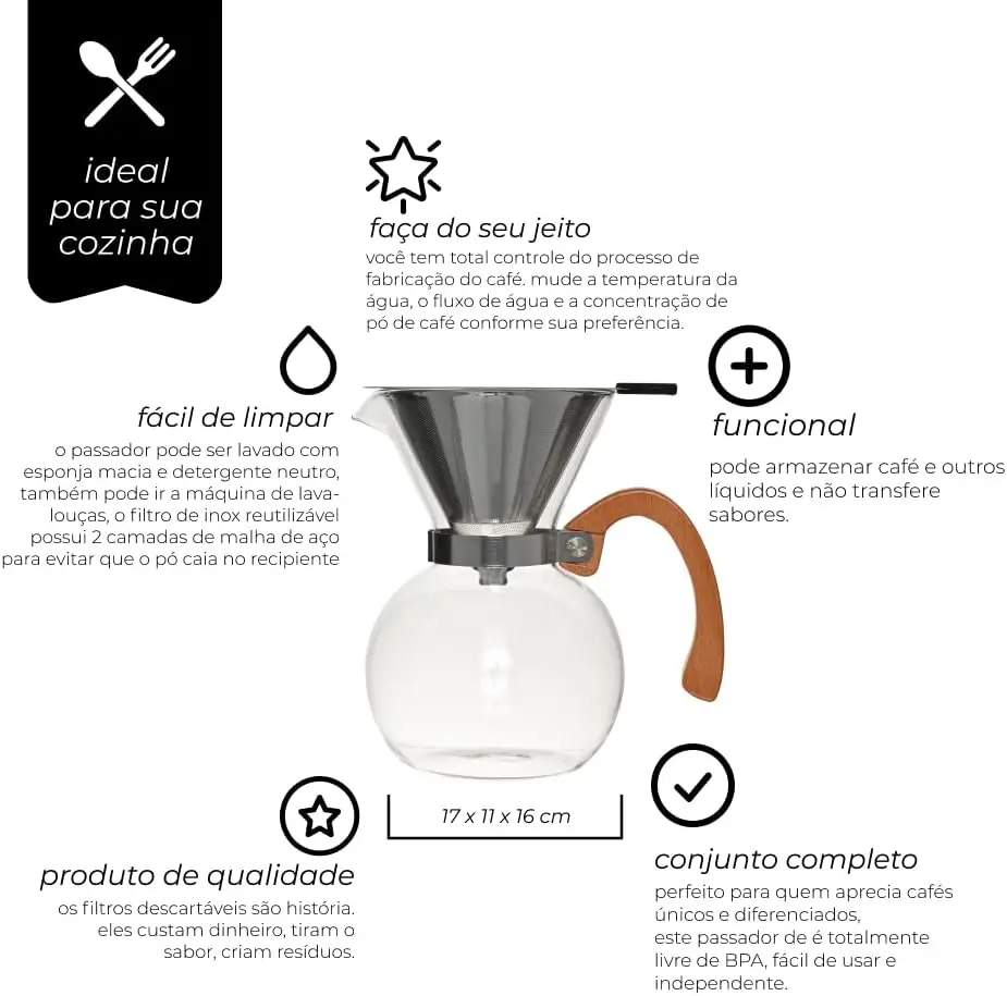 

de Café Vidro Borossilicato 16cm com Cabo de Bambu e Filtro de Aç Inoxidável Reutilizável de Dupla Filtragem, Capacidade par