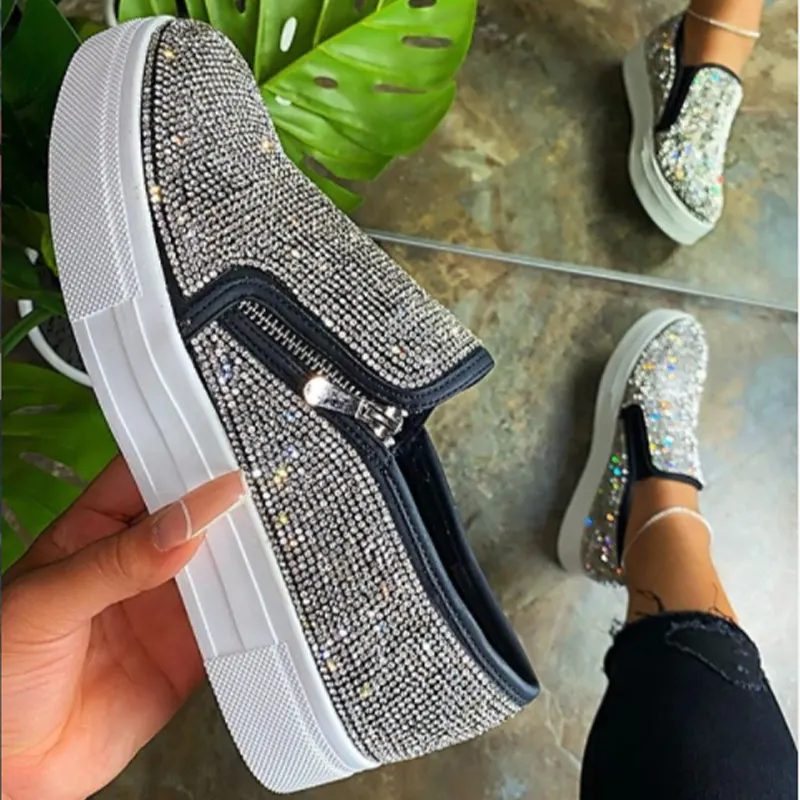 

Woman Sneakers Platform Vulcanized Women Bling Crystal Loafers Autumn Women's Casual Flats Female Zip Sport Shoes Women