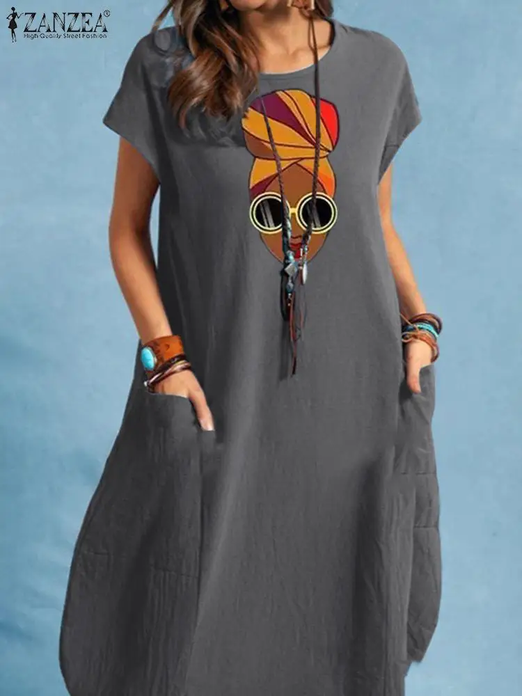 

Платье ZANZEA с круглым вырезом и коротким рукавом, женское платье с цветочным принтом, стильный элегантный свободный сарафан, праздничное сво...