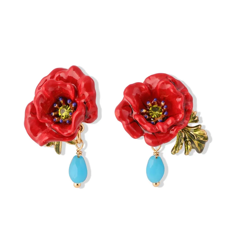 

European and American New 925 Silver Needle Earrings Fashion Enamel Colorful Glaze Red Peony Flower Water Drop Earrings Female