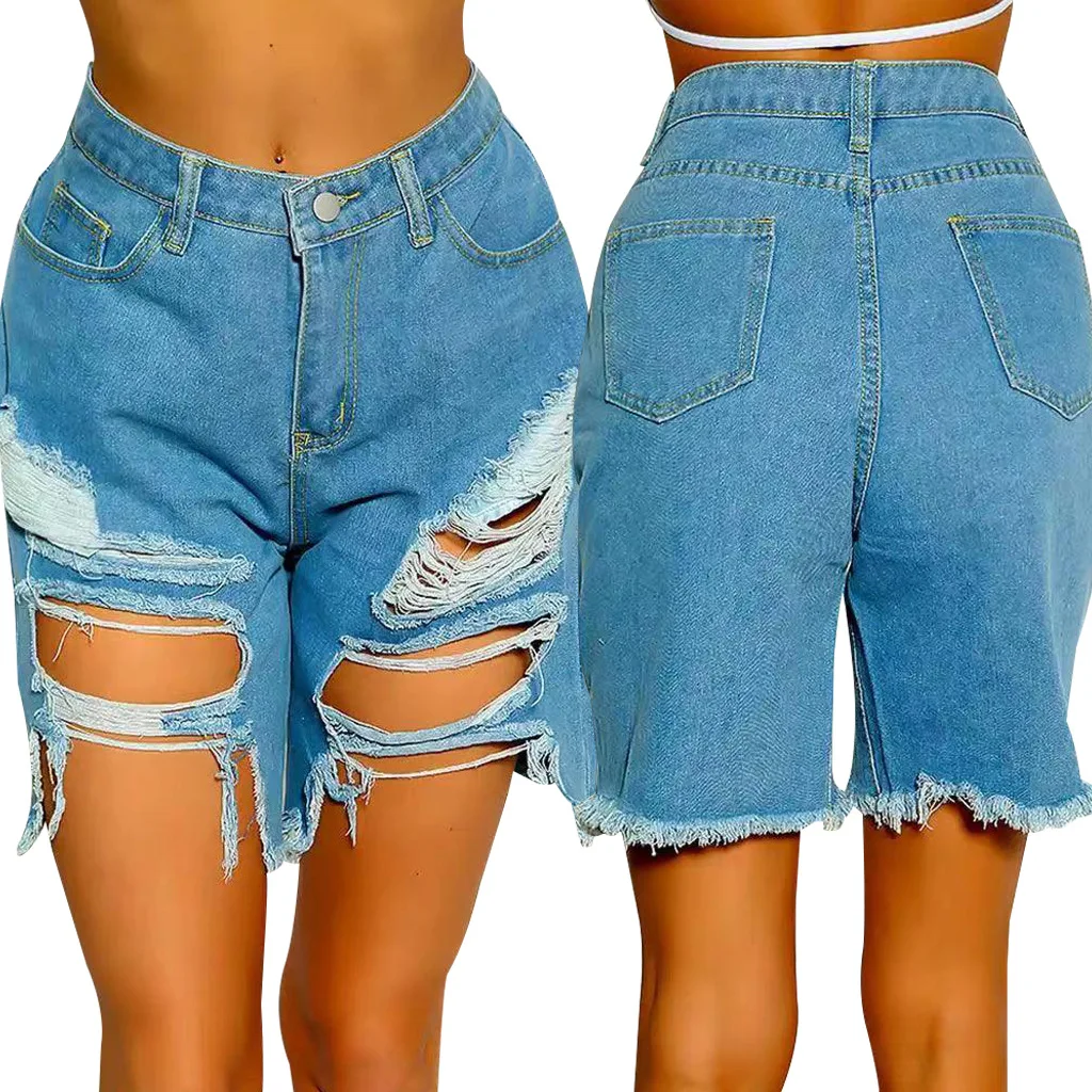 

2022 Summer Blue Denim Shorts for Women Sexy Holes Ripped Zipper Fly Casual Straight Jeans Shorts Light Washed