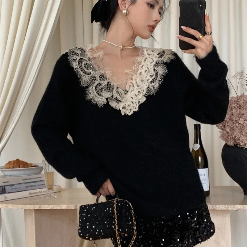 Korean Chic Sweet Lace Patchwoek V-neck Loose Pullovers Long Sleeve Casual Temperament Sweaters Women 2024 Fall Winter Jumpers