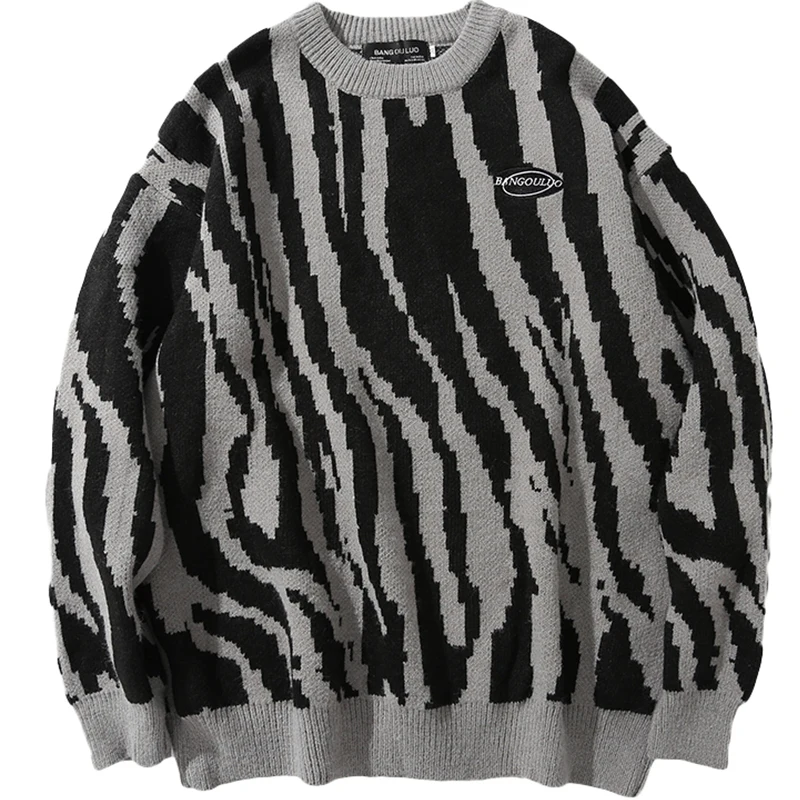 

Japanese Harajuku Vintage Sweater Winter Zebra-Striped Round Neck Pullovers Knitted Couples Hip Hop Loose Fashion Sweaters Tops