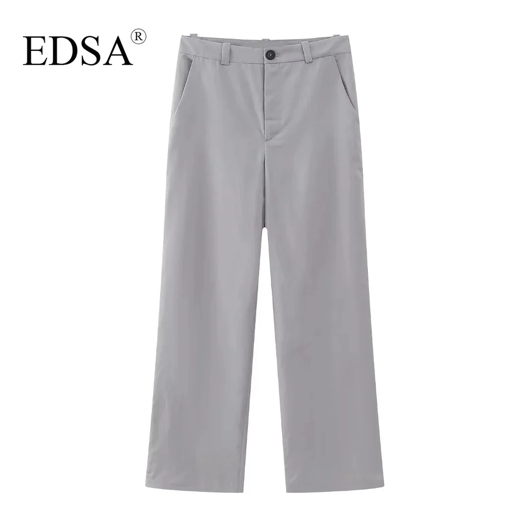 

EDSA Women Fashion Grey Linen Flared Trousers for Office Lady Mid-waist Long Pants with Belt Loops Front Pocket and Zip