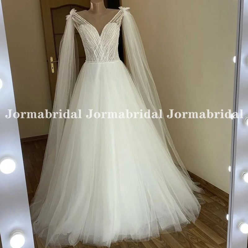 

Elegant White Boho Wedding Dress with Cape Sleelves Beads Lace Tulle Spring Mori Bridal Gowns Summer Beach Bride Dress Customize