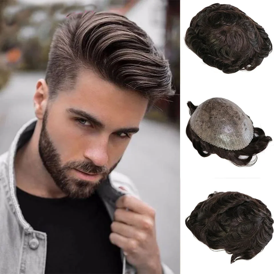 Super Durable Brown Blonde Men's Human Hair Wig Full Thin Skin PU Toupee Male Capillary Prosthesis Cheap Replacement System Hair