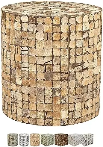 

White Side Table - 16.6\u201Dwxh Living Room, Entryway, Small Spaces, Bedside Decor Table - Real Coconut Shell Mosaic Inlaid, Pr