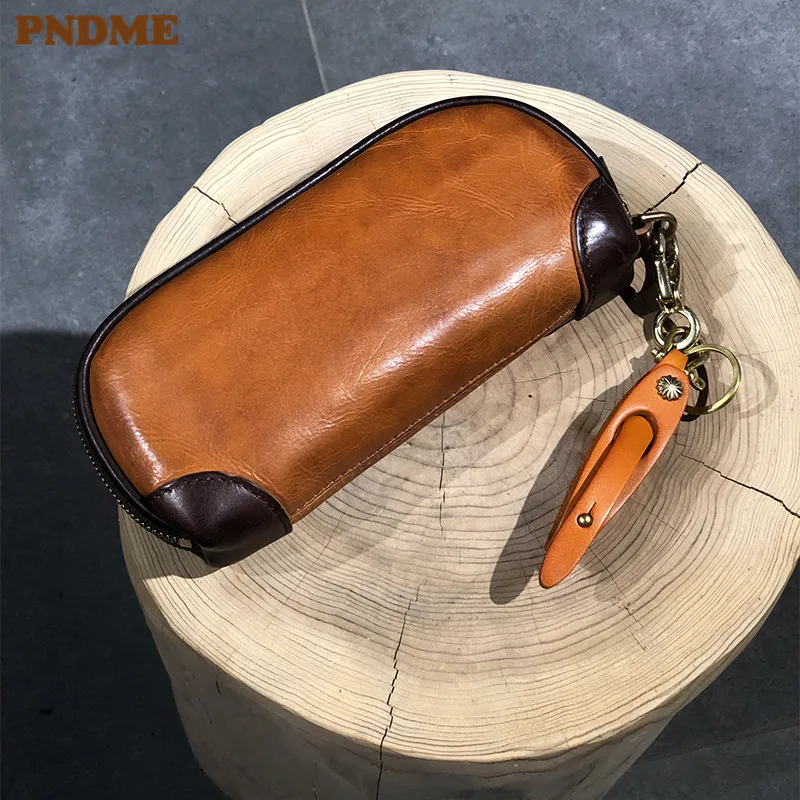 PNDME vintage handmade luxury genuine leather men clutch bag casual designer high quality real cowhide phone card holder wallet
