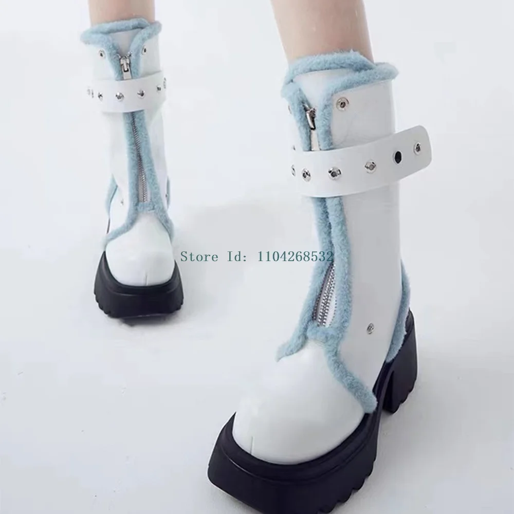 Универсальные ботильоны с заклепками на меху круглый носок толстый каблук