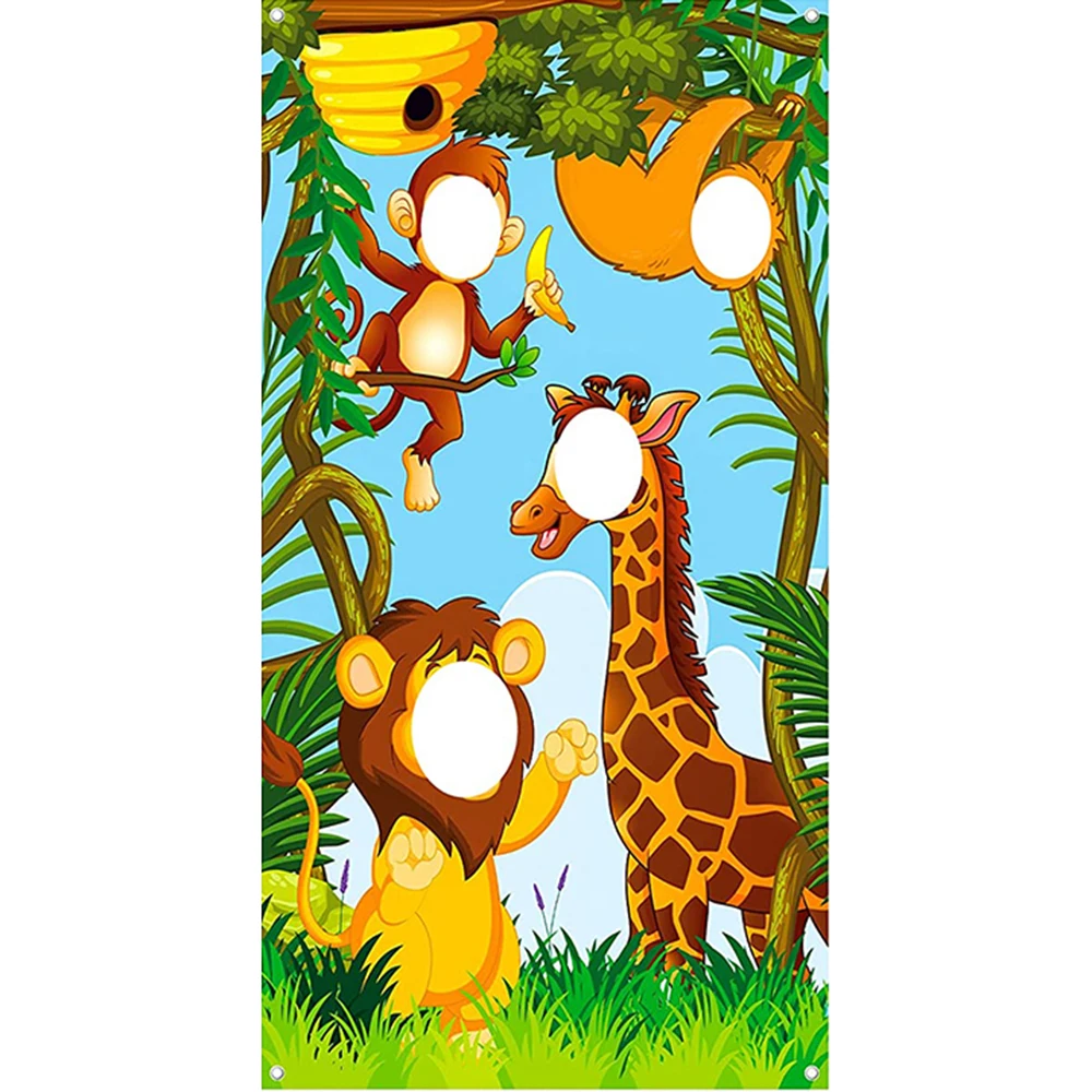 

Forest Theme Safari Wild Animals Birthday Party Backdrop Funny Jungle Animals Face in Hole Game Jungle Wild One Birthday Party