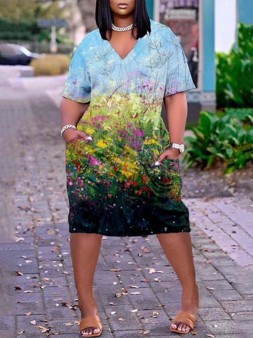 

Print Fashion Loose s 2022 Summer Holiday Hem Print Sexy V-neck Women's Beach Dress Plus-size dress Comfortable
