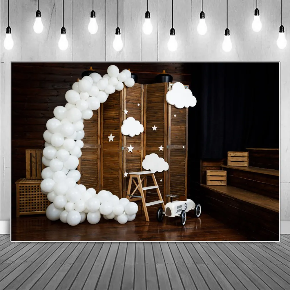 

Baby Wooden Parclose Balloons Birthday Party Decoration Photography Backdrops Kids Retro Living Room Clouds Photocall Background