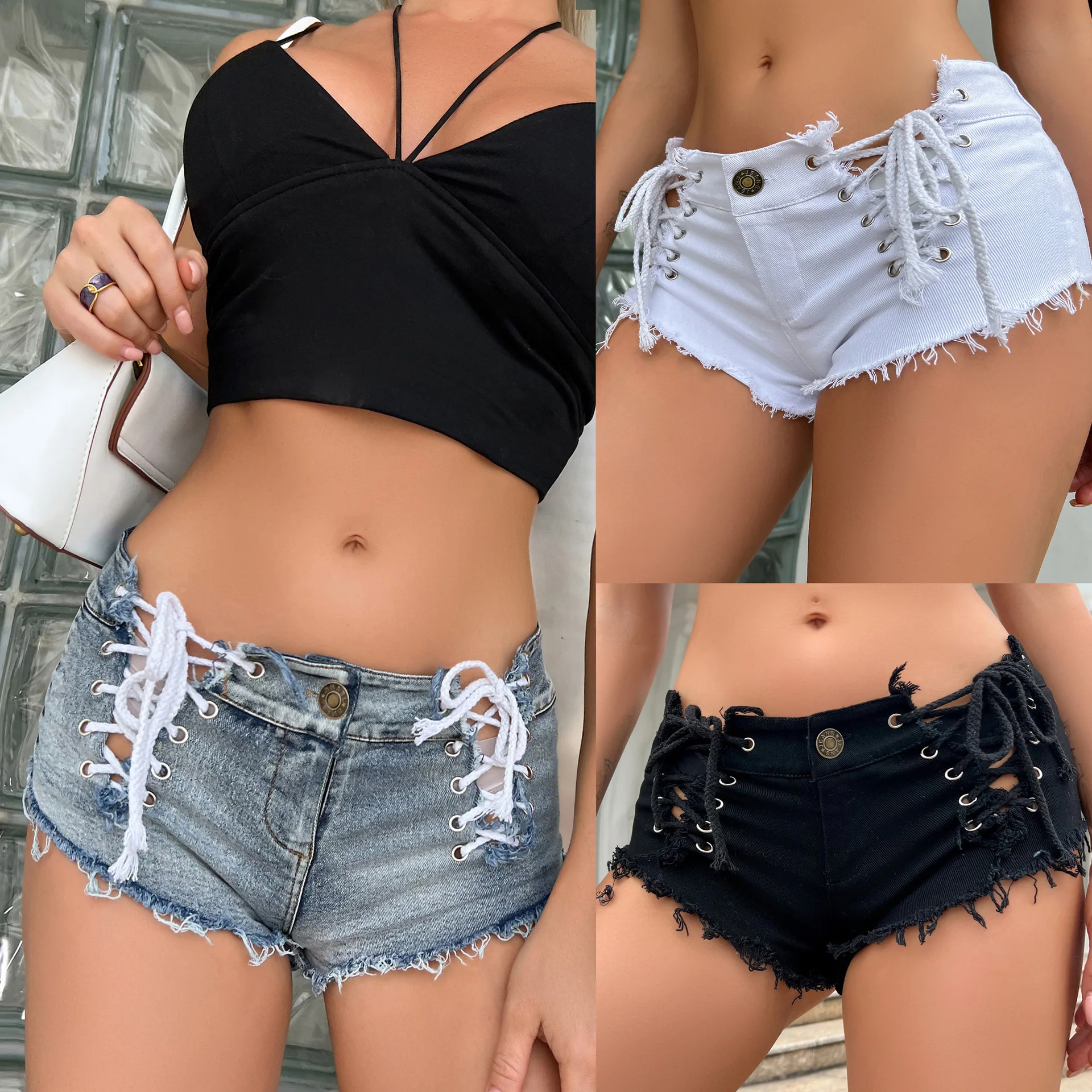 

2022 Summer New Female Sexy Bandage Bodycon High Waist Denim Shorts Women's Lace Up Jeans Bar Dj Clubwear