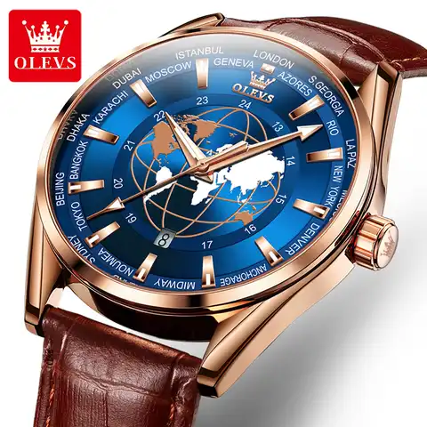 Роскошные мужские часы OLEVS с часовым поясом, светящиеся часы, деловые наручные часы с кожаным ремешком, водонепроницаемые спортивные кварце...