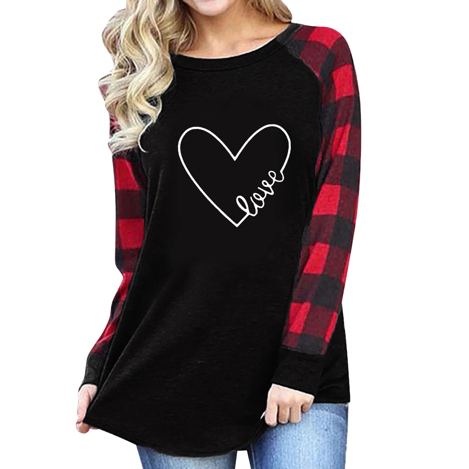 

Рождественские футболки для женщин, Повседневная Блузка с длинным рукавом для женщин, 2023 День Святого Валентина, круглый вырез, футболки с л...