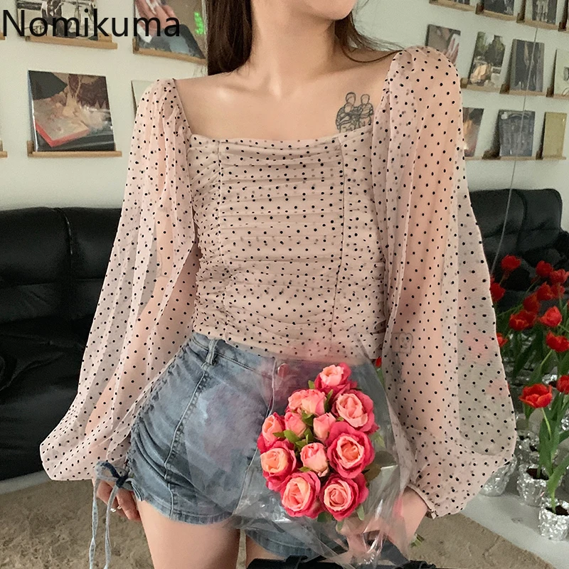 

Nomikuma Blouses Femme Puff Sleeve Polka Dot Print Gauze Hollow Out Blouse Women Elegant Gentle Sexy Fashion Shirts for Women