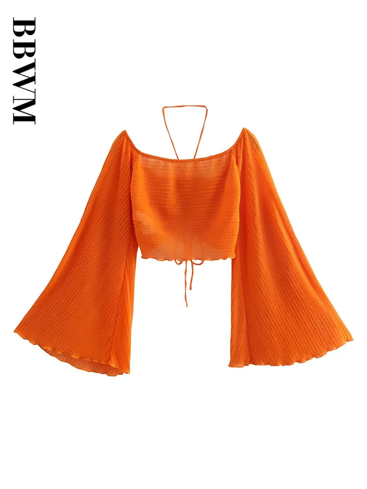 Женская укороченная блузка с лямкой на шее коротким рукавом-фонариком |