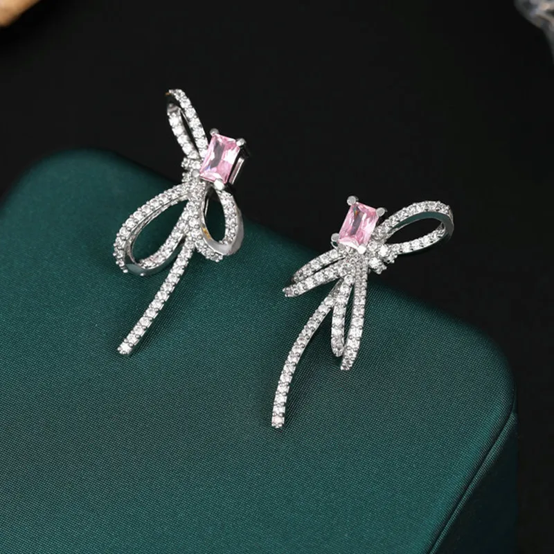 

UMQ Women Earrings Studs Luxury Bowknot CZ Jewelry Copper White Pink AAA Cubic Zirconia Christmas Party Girlfriend Gift Box