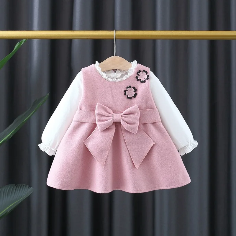 Spring newborn baby girl clothes outfit sets T-shirt bowknot woolen strap skirt suit for infant baby 1st birthday clothing sets