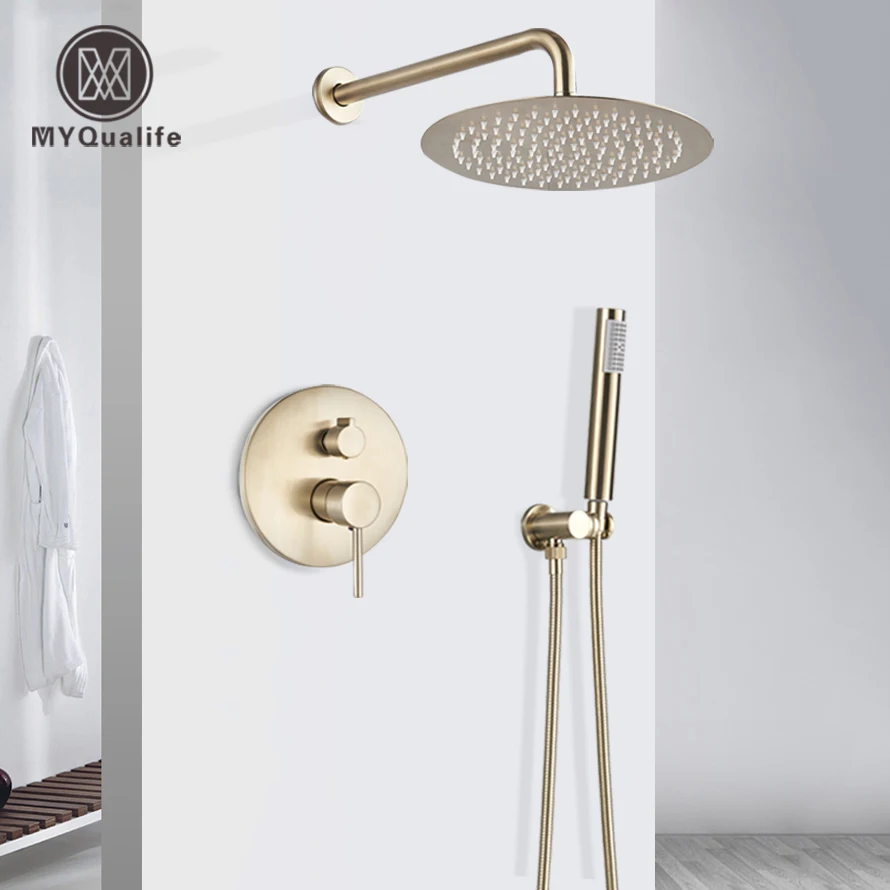 

Brushed Gold Shower Faucet Set Round Brass Bathroom Wall Mount Rotate Tub Spout Rainfall Head 3 Ways Mixer Tap