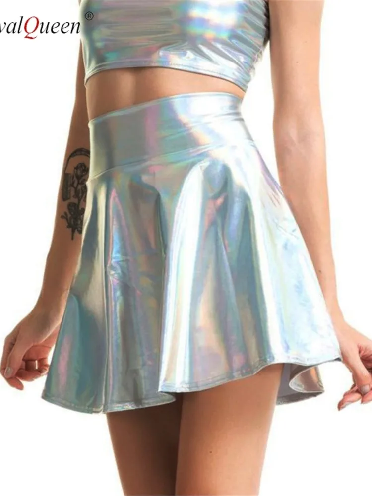 

2022 Sexy PU Flashing Metallic Colors Mini Skirts Women Elastic High Waist Pleated Skirt Flare Skirt Fashion Summer Streetwear