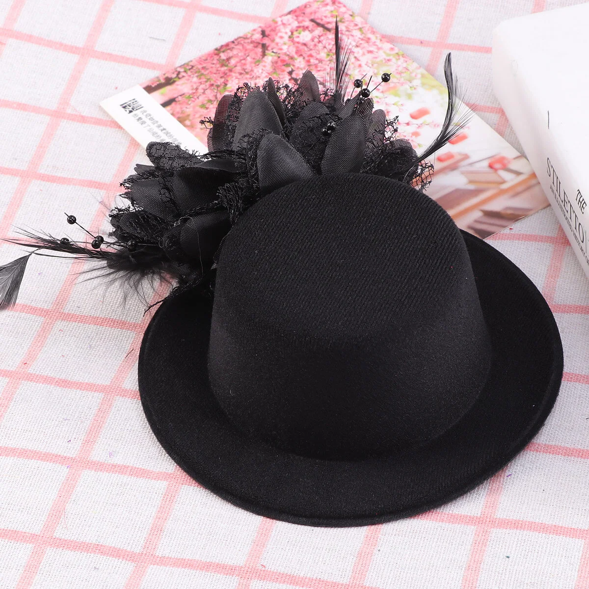 

13cm Gauze Homburg Hairpins Mini Flower Hair Clip Party Headwear Feast Headdress for Bridal Women Ladies (Black)