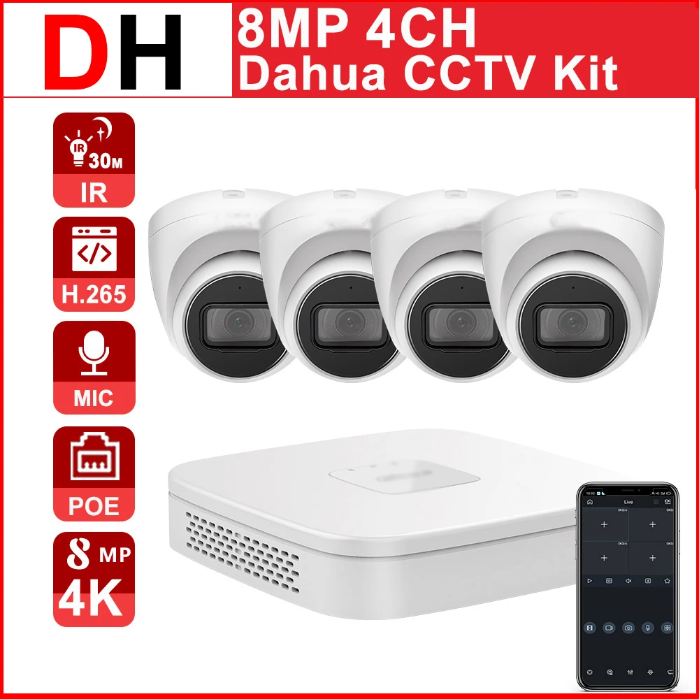 

DH 4CH CCTV kit POE NVR 4K 8MP NVR4104-P-4KS2 IP Camera IPC-HDW2831T-AS-S2 4CH Easy installtion Motion detection APP P2P